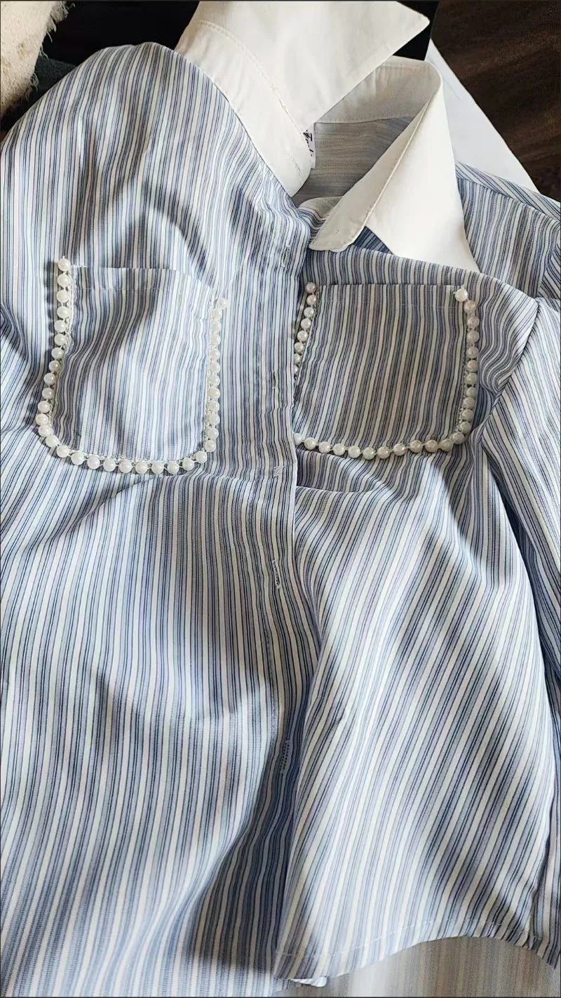 Spring Patchwork Striped Pearl Pocket High Design Blouse Women Shirts Long Sleeve Streetwear Office Lady Korean Fashion Camisas