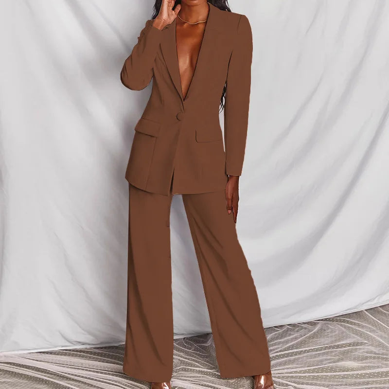 Women Loose Blazer Sets 2 Pieces Sale Spring Noted Button Long Sleeve Blazer Coats& Wide Leg Loose Business Blazer Pants Suits