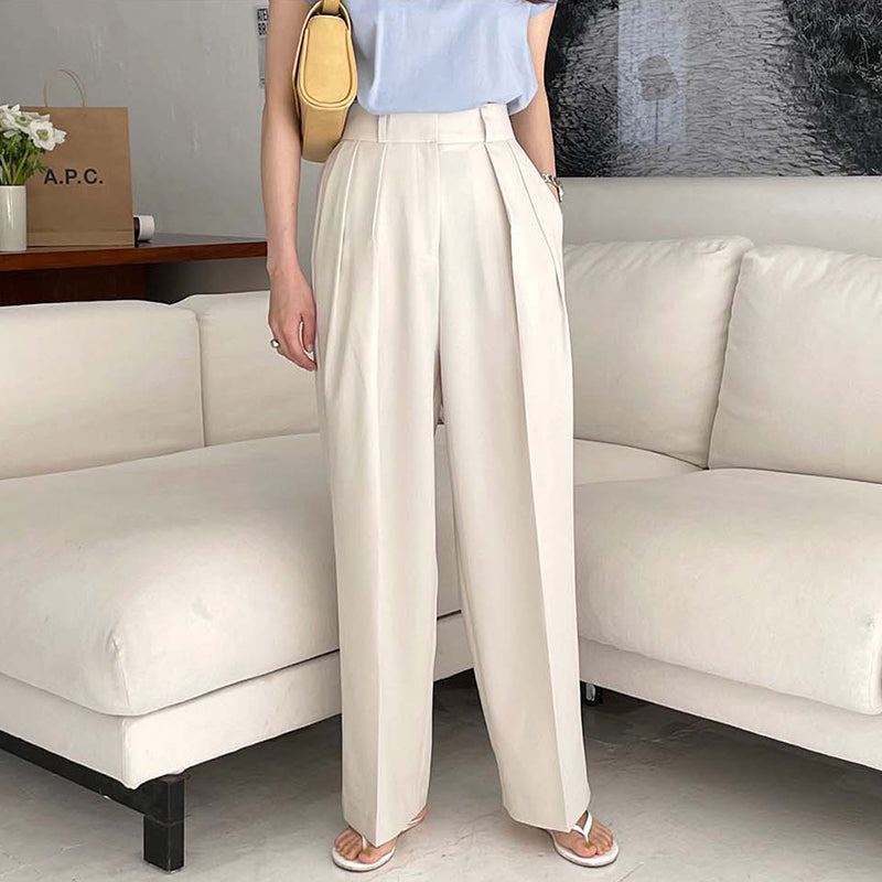 High Waist Pleated Design Loose Casual Drape Straight Wide Leg Suit Pants