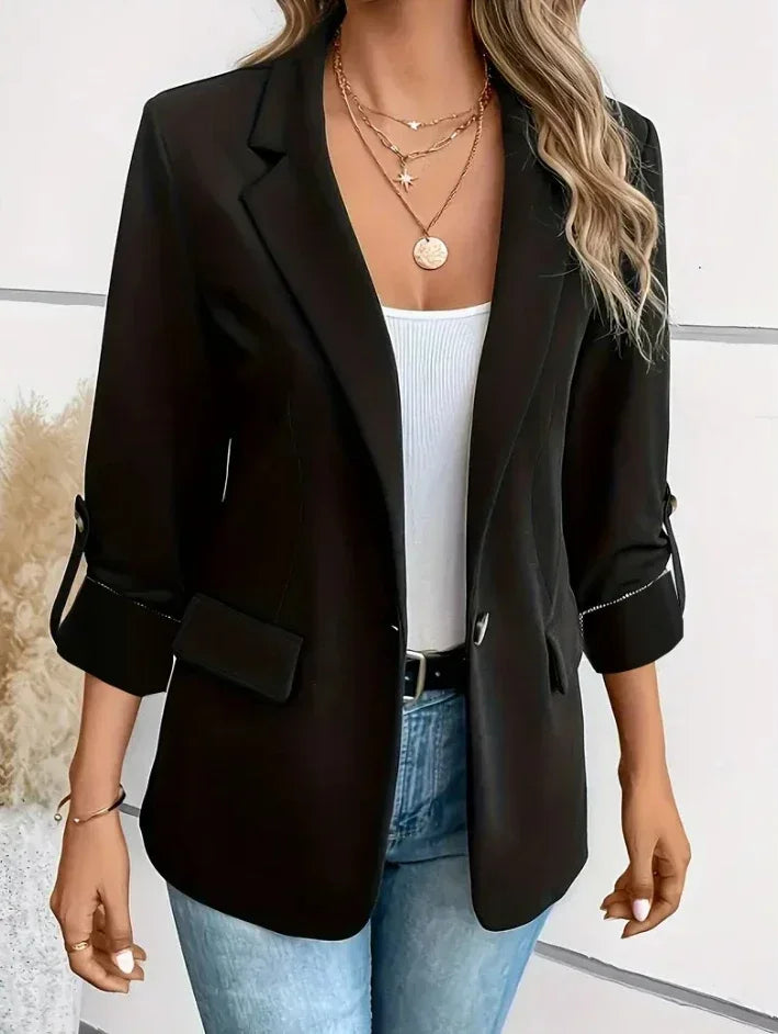 Women's Minimalist Solid Button Lapel Collar Blazer Commuter Long Sleeve Coat Cardigan Elegant Solid Casual Tailored Suit Tops