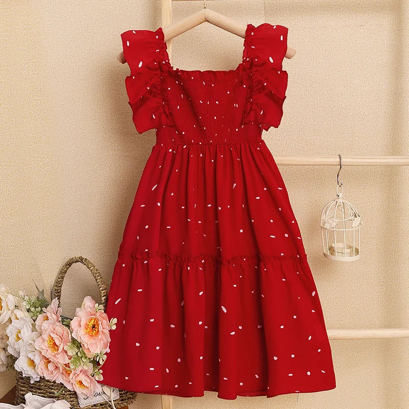 Kids Dresses for Girls 5-12T Red Lace Square Neck Polka Dot Dress New Summer Fashion Baby Princess Wedding Party Gift Costume