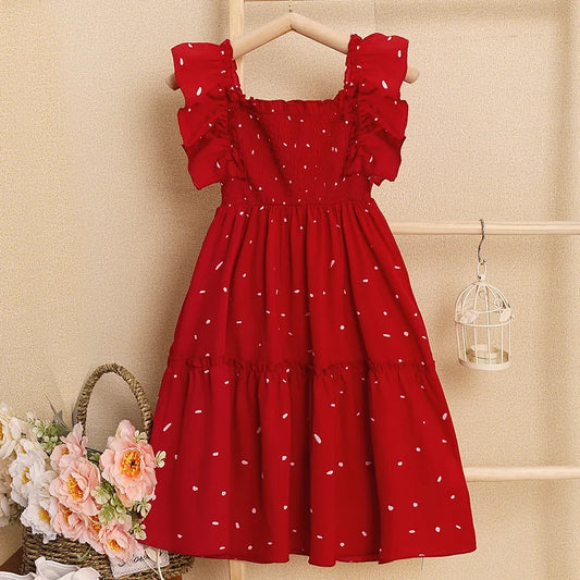 Kids Dresses for Girls 5-12T Red Lace Square Neck Polka Dot Dress New Summer Fashion Baby Princess Wedding Party Gift Costume