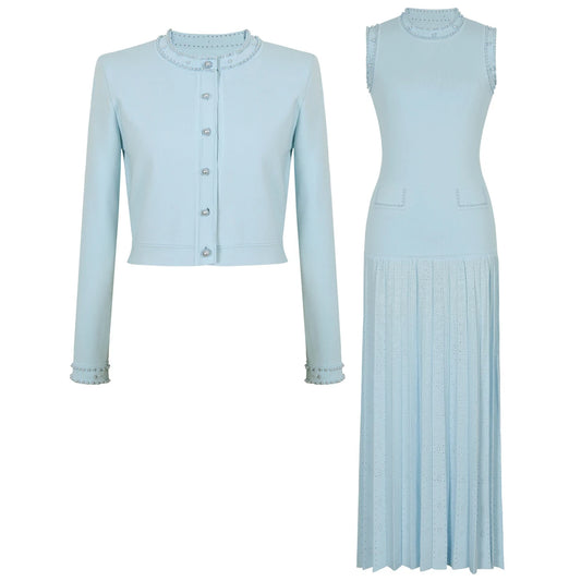 Three Color High-quality Elastic Knitted New Fashionable Luxury Pearl Long Sleeved Cardigan Sleeveless Slim Fit Dress Women Set