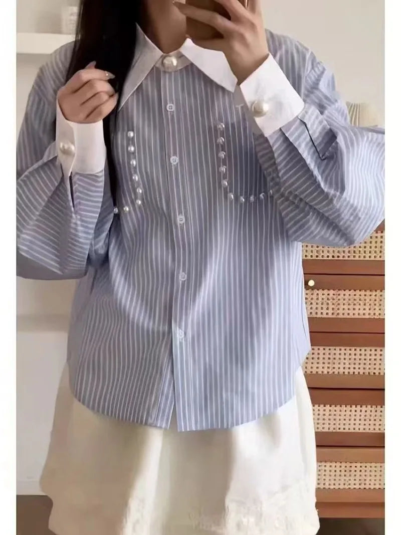 Spring Patchwork Striped Pearl Pocket High Design Blouse Women Shirts Long Sleeve Streetwear Office Lady Korean Fashion Camisas