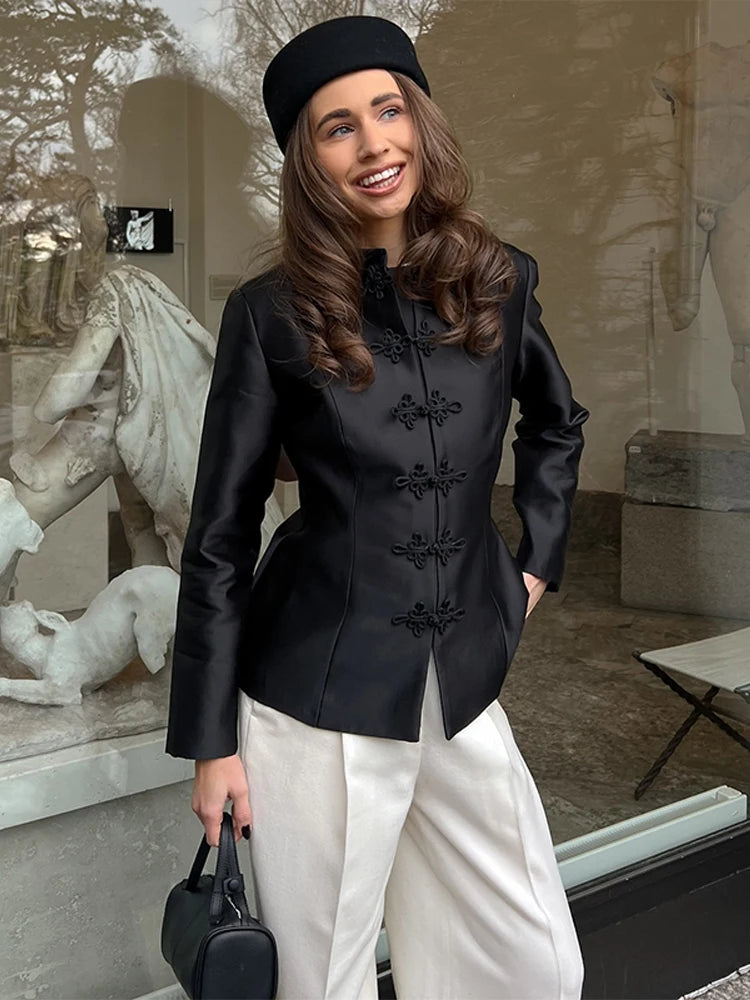 Women's Napoleon Style Black Cropped Jacket Coat Long Sleeve Tops Braided Button Trim Vintage Slim Fit Fashion Lady Outerwear