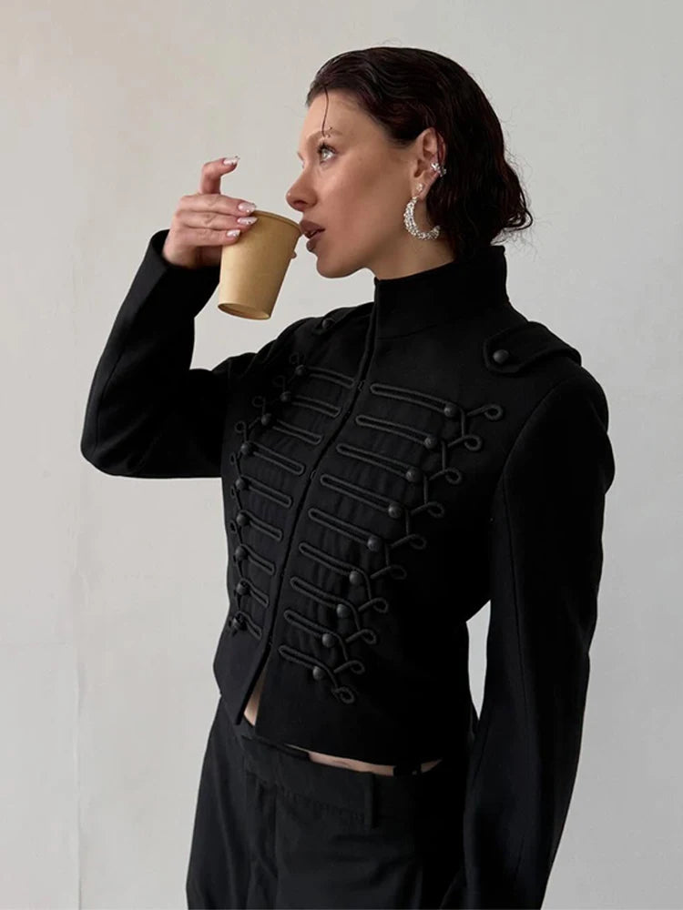 Women's Napoleon Style Black Cropped Jacket Coat Long Sleeve Tops Braided Button Trim Vintage Slim Fit Fashion Lady Outerwear