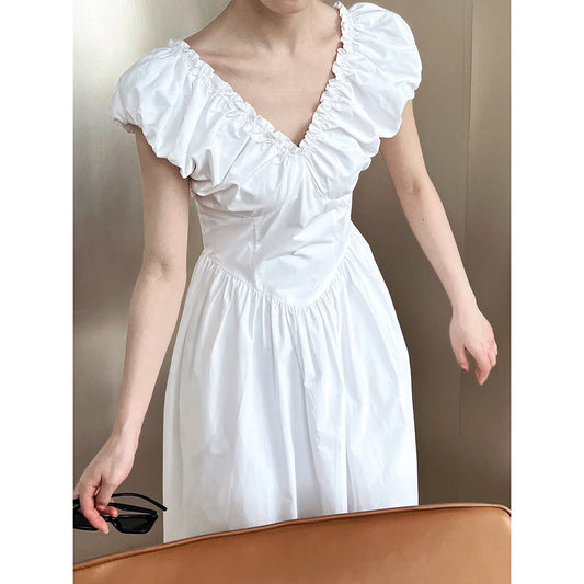 Elegant French V-neck Sleeveless Waist-cinched Backless Long Dress Women's High-end Gauze A- line Skirt Pure Color Summer Dress