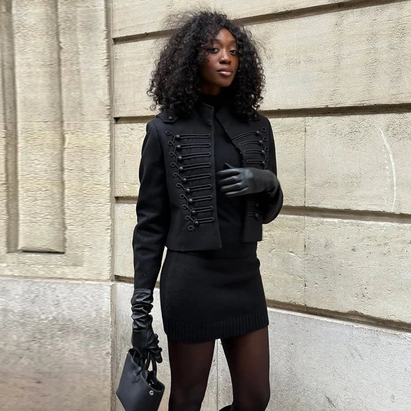 Women's Napoleon Style Black Cropped Jacket Coat Long Sleeve Tops Braided Button Trim Vintage Slim Fit Fashion Lady Outerwear