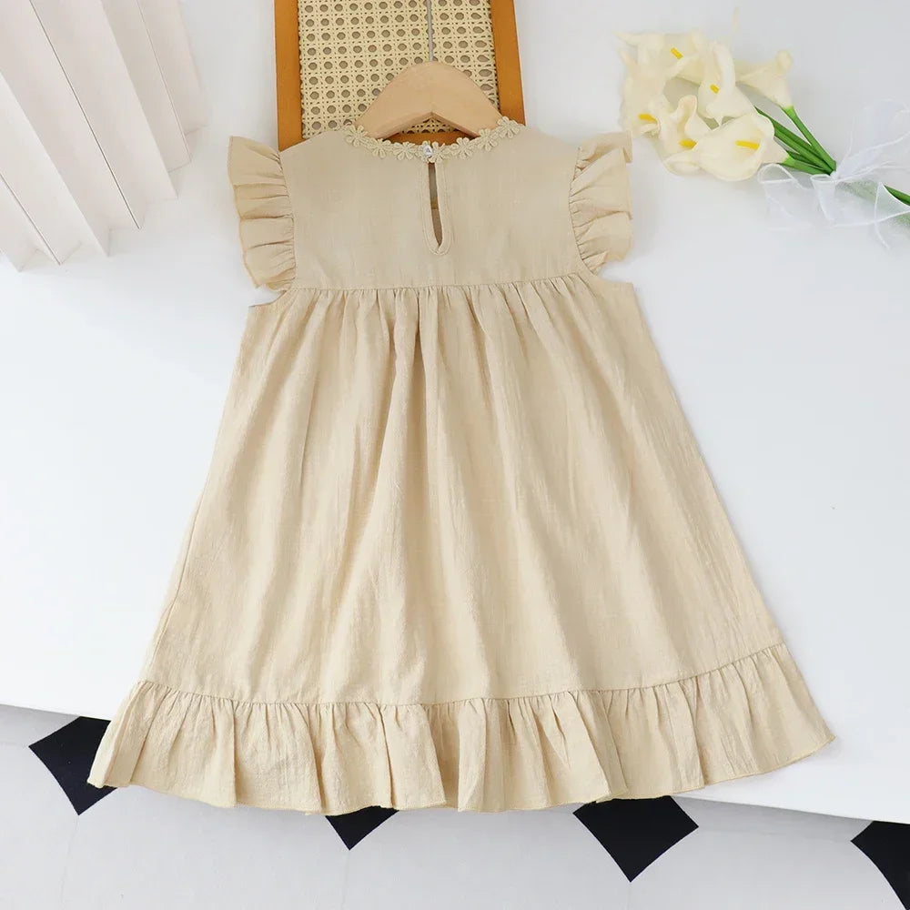 Kids Dresses for Girls Summer Khaki Embroidered Ruffle Edge Dress Sleeveless Lace Round Neck Pocket Dress Kids Clothes