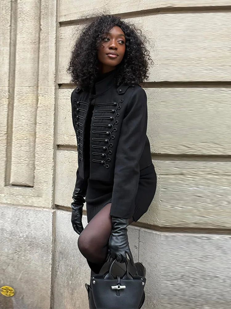 Women's Napoleon Style Black Cropped Jacket Coat Long Sleeve Tops Braided Button Trim Vintage Slim Fit Fashion Lady Outerwear