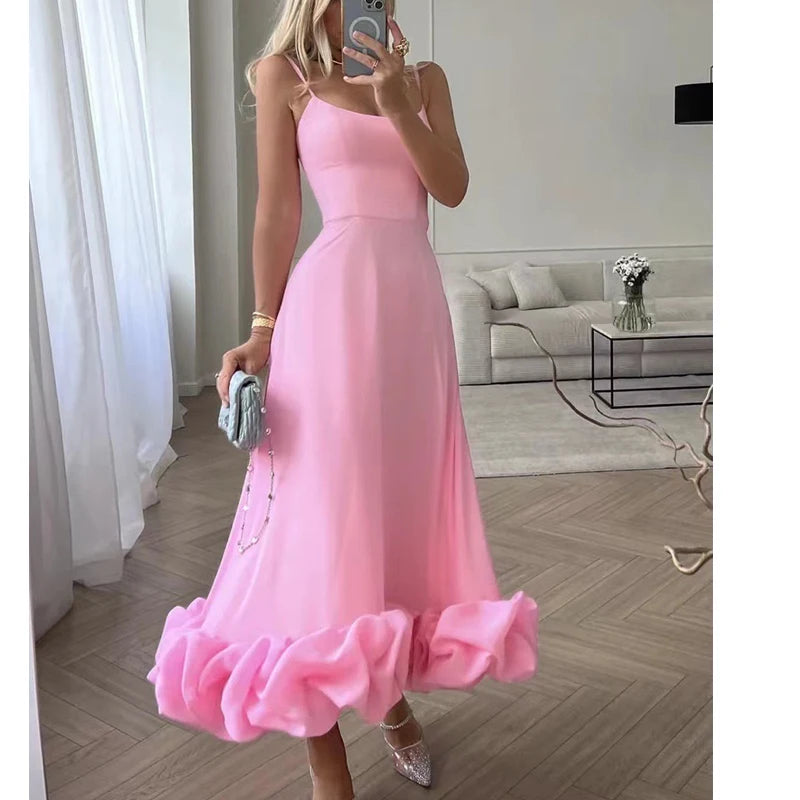 2025 Women Summer Sleeveless Sexy Long Party Dress Flower Hem Design High Waist Elegant Maxi Dress Vestidos Clothes