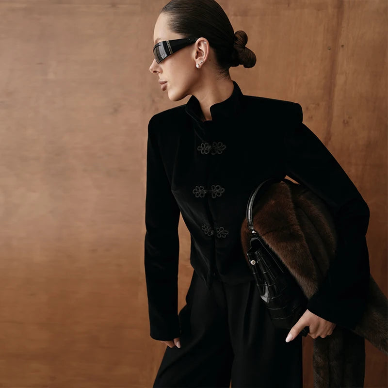 Women's Napoleon Style Black Cropped Jacket Coat Long Sleeve Tops Braided Button Trim Vintage Slim Fit Fashion Lady Outerwear