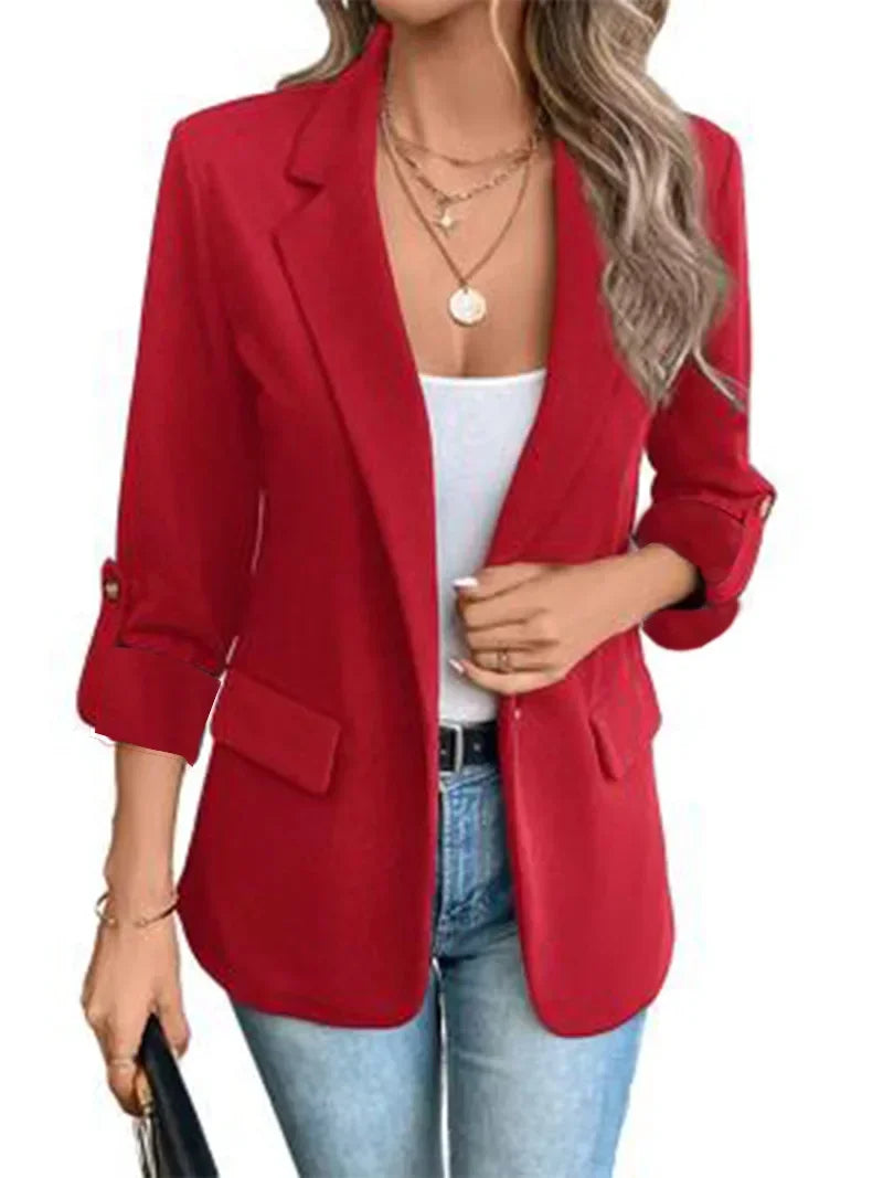 Women's Minimalist Solid Button Lapel Collar Blazer Commuter Long Sleeve Coat Cardigan Elegant Solid Casual Tailored Suit Tops