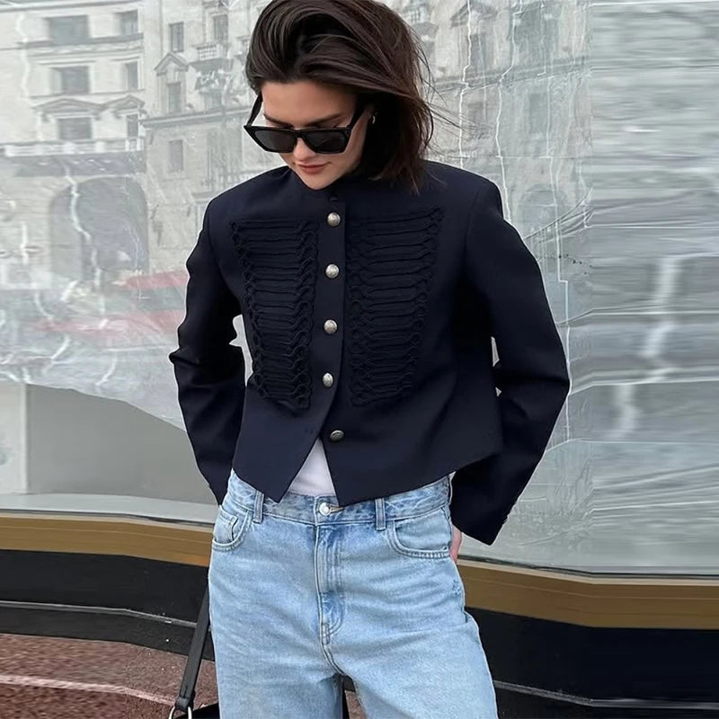 Women's Napoleon Style Black Cropped Jacket Coat Long Sleeve Tops Braided Button Trim Vintage Slim Fit Fashion Lady Outerwear