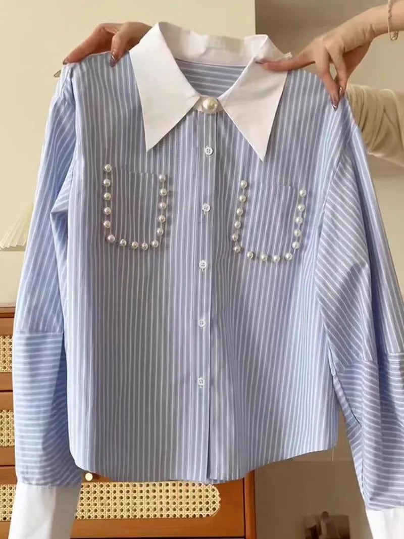 Spring Patchwork Striped Pearl Pocket High Design Blouse Women Shirts Long Sleeve Streetwear Office Lady Korean Fashion Camisas