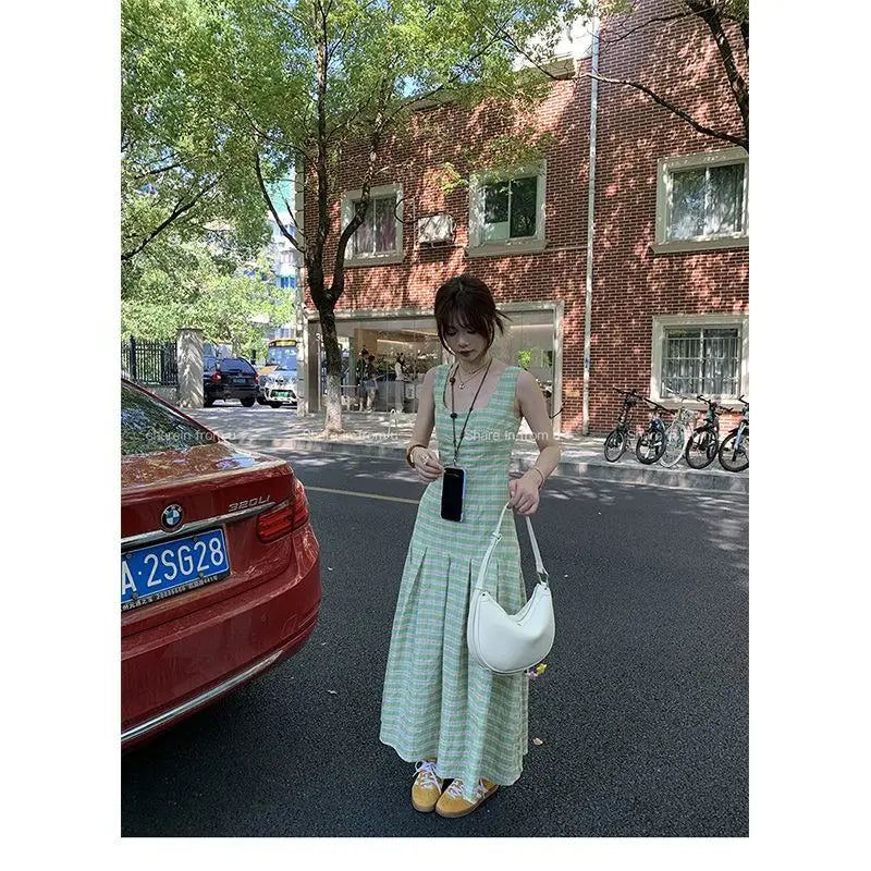 Sweet And Sal Color Blo Plaid Strap Dr Women's Spring Summer New Medium Length Slimming Versatile Svel A-Line Skirt