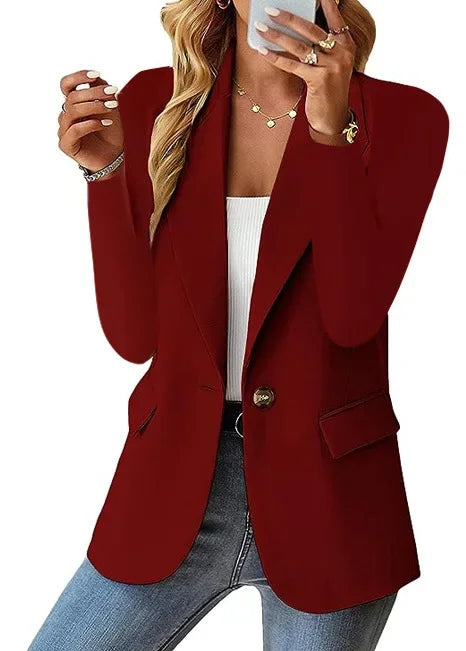 Women's Minimalist Solid Button Lapel Collar Blazer Commuter Long Sleeve Coat Cardigan Elegant Solid Casual Tailored Suit Tops