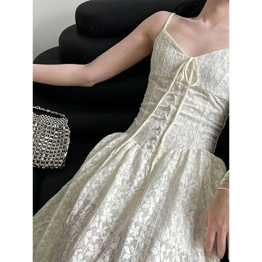 Sweet Floral Elastic Fashion Sling Lace Dress Women Summer New Waist Holiday Style Vintage Wine French Sleeveless Long Dress