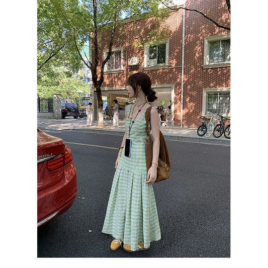 Sweet And Sal Color Blo Plaid Strap Dr Women's Spring Summer New Medium Length Slimming Versatile Svel A-Line Skirt