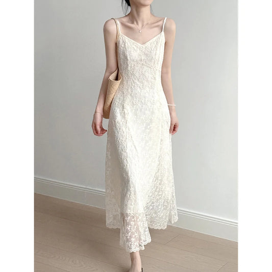 Summer Sweet Women V Neck Lace Shoulder Straps Heavy Flower Dress Party Elegant Female Sleeveless Long Dress