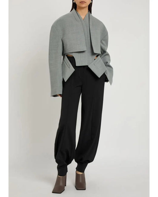 Grey Solid Irregular Blazer Suit Jacket Women Chic Shoulder Pad Full Sleeve Split High Waist Coat 2026 Lady Commute Street Wear