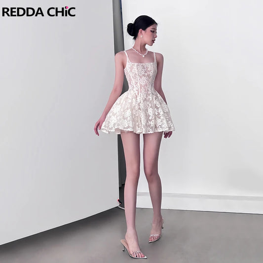 REDDACHiC Medieval Retro Women's Mini Dress Lace Floral Tank Square Neck Puffy Desire One-piece Graduation Party Summer Clothes