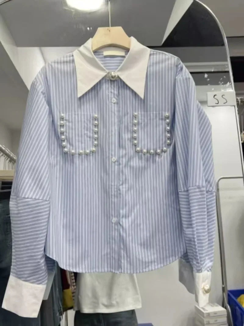Spring Patchwork Striped Pearl Pocket High Design Blouse Women Shirts Long Sleeve Streetwear Office Lady Korean Fashion Camisas