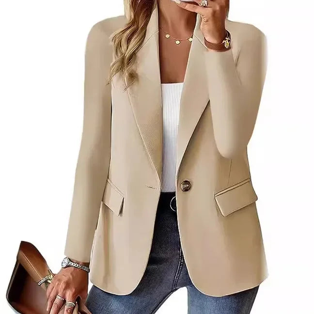 Women's Minimalist Solid Button Lapel Collar Blazer Commuter Long Sleeve Coat Cardigan Elegant Solid Casual Tailored Suit Tops
