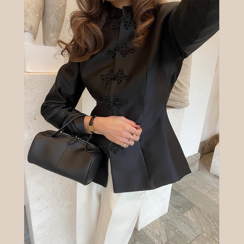 Women's Napoleon Style Black Cropped Jacket Coat Long Sleeve Tops Braided Button Trim Vintage Slim Fit Fashion Lady Outerwear