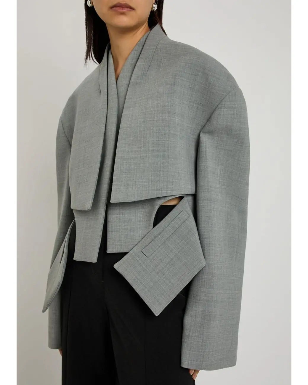 Grey Solid Irregular Blazer Suit Jacket Women Chic Shoulder Pad Full Sleeve Split High Waist Coat 2026 Lady Commute Street Wear