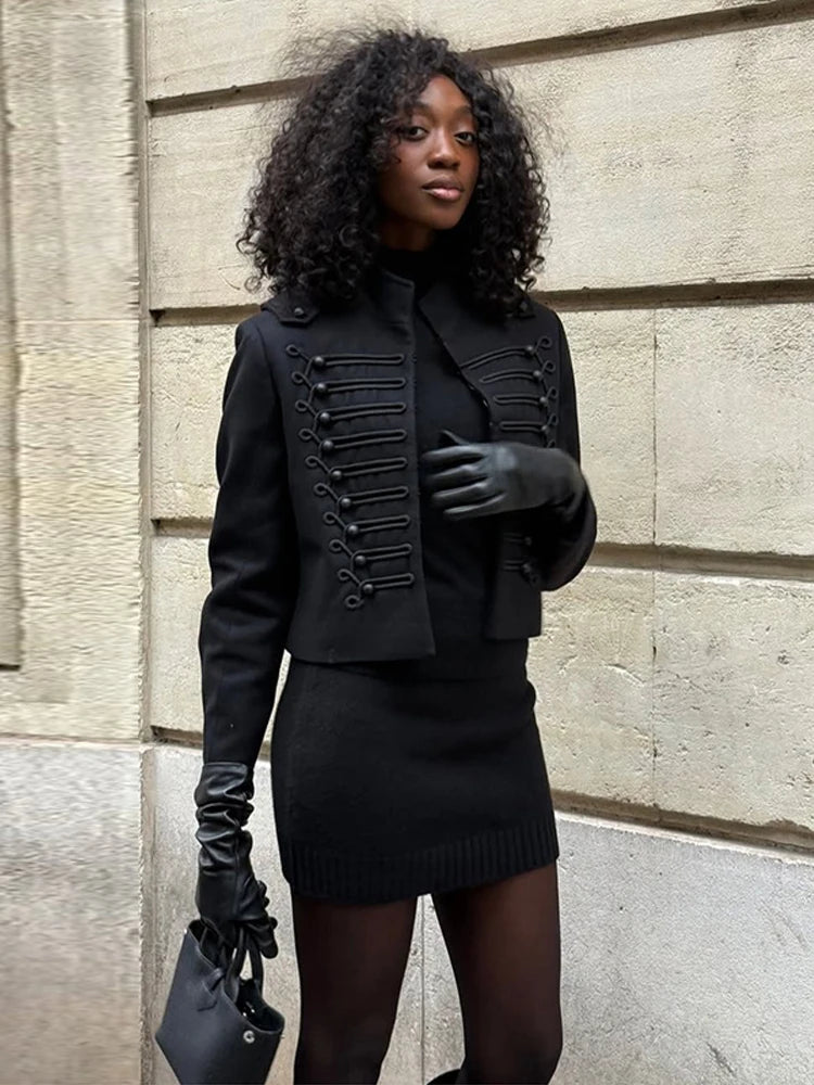 Women's Napoleon Style Black Cropped Jacket Coat Long Sleeve Tops Braided Button Trim Vintage Slim Fit Fashion Lady Outerwear