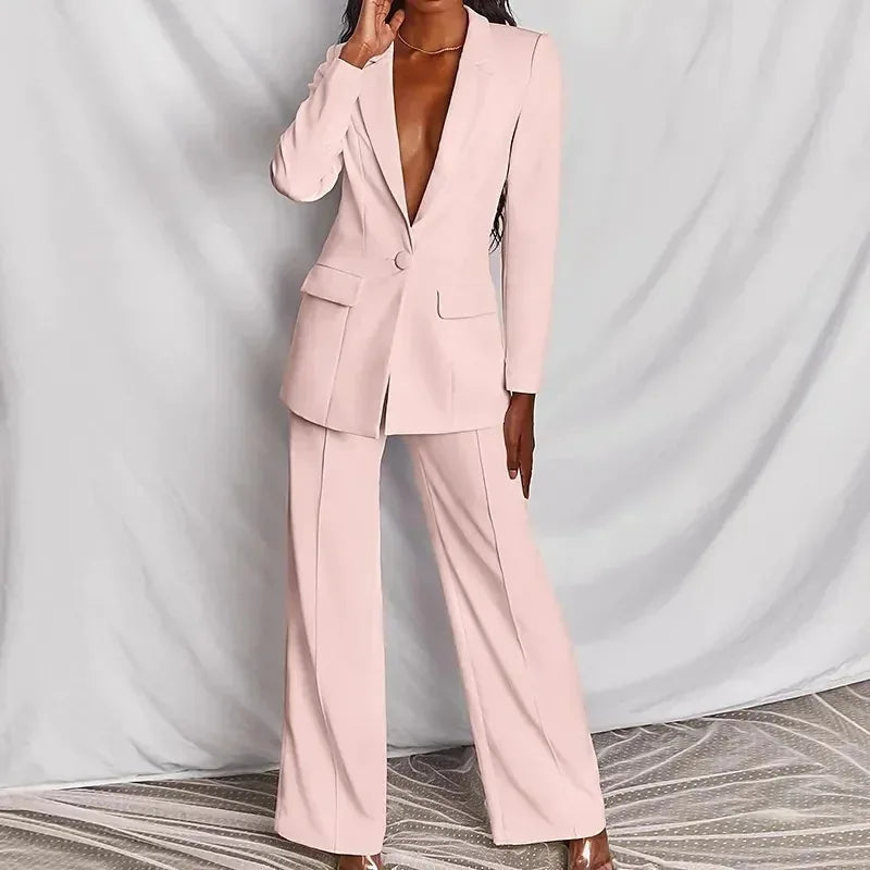Women Loose Blazer Sets 2 Pieces Sale Spring Noted Button Long Sleeve Blazer Coats& Wide Leg Loose Business Blazer Pants Suits