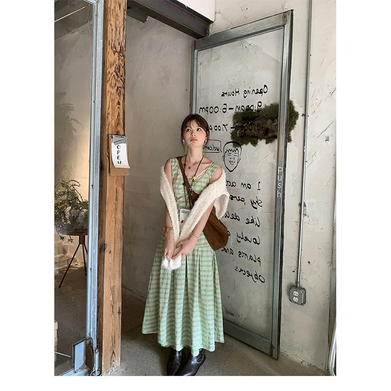 Sweet And Sal Color Blo Plaid Strap Dr Women's Spring Summer New Medium Length Slimming Versatile Svel A-Line Skirt