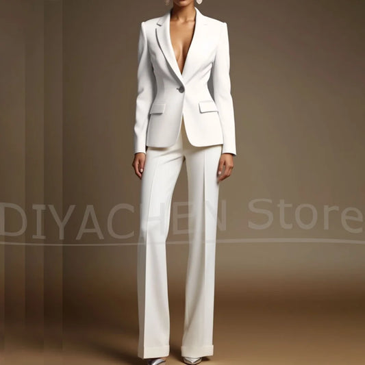 Chic Women's White Suit Elegant One Button Formal Office Casual Outfits Solid Color Fashion Wedding Party Pants Sets Two Piece