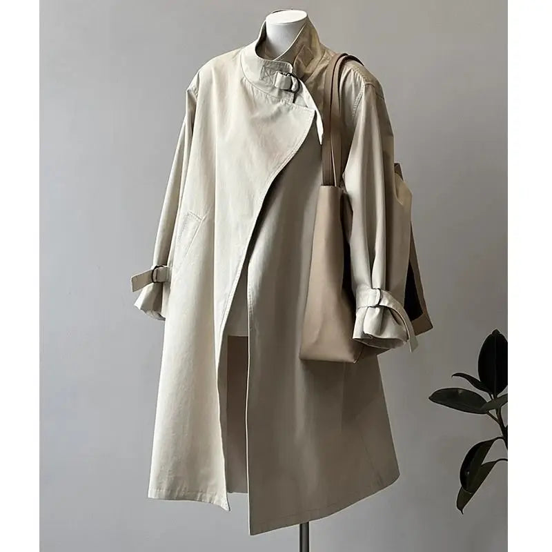 Autumn New Design Cowl Neck Coat Style Women's Long Sleeveless Outwear Lazy No Button Knee-Length Small Size Elastic Fabric