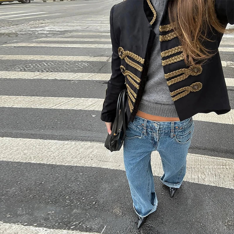 Women's Napoleon Style Black Cropped Jacket Coat Long Sleeve Tops Braided Button Trim Vintage Slim Fit Fashion Lady Outerwear