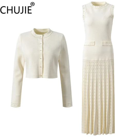 CHUJIE Beige Knit Set Pearl Trim Sleeveless Maxi Dress & Single-breasted Cardigan French Elegant -  Two Piece Set
