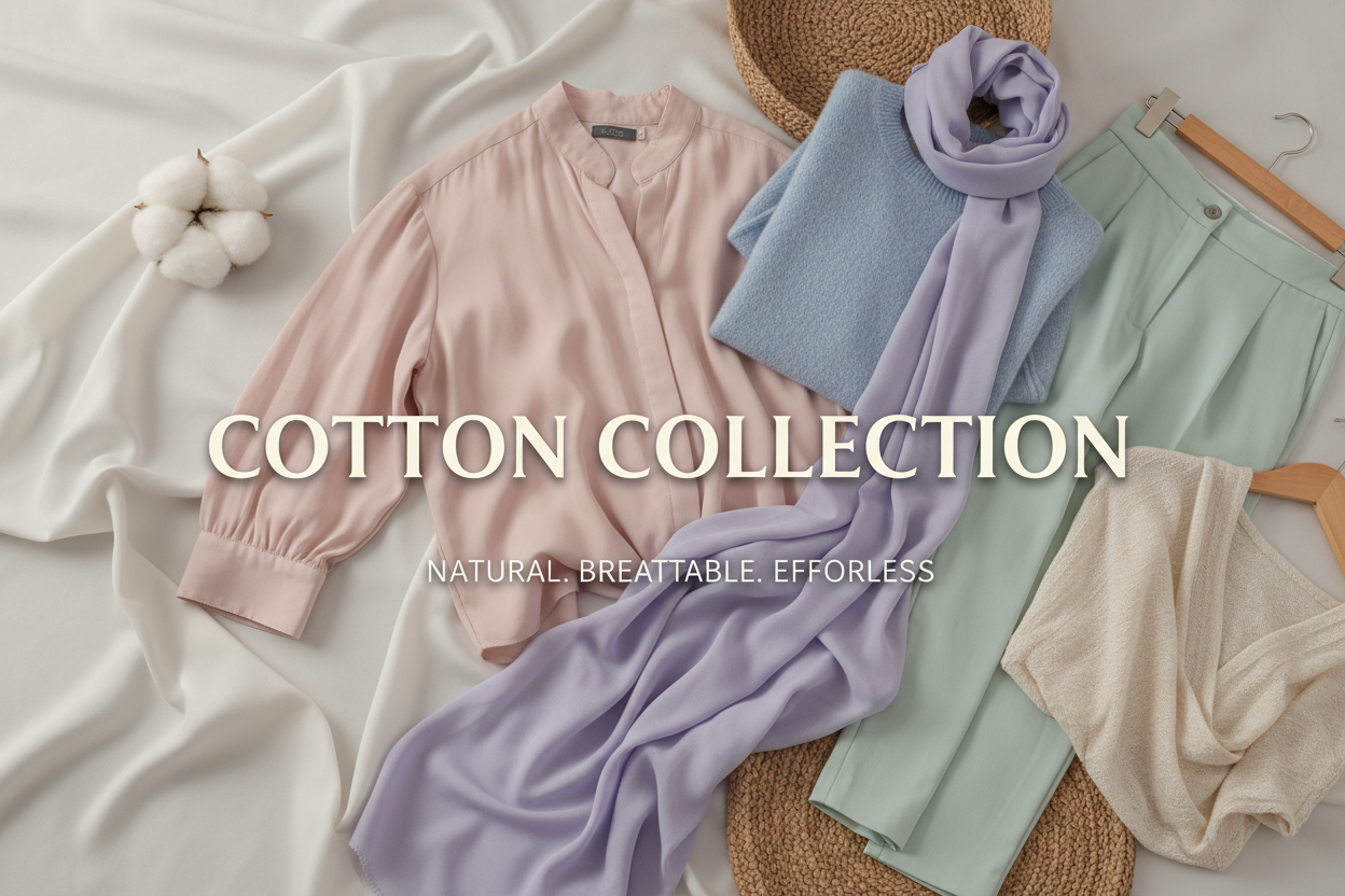 Banner of COTTON COLLECTION with text COTTON COLLECTION Background cotton clothes in pastel colors 