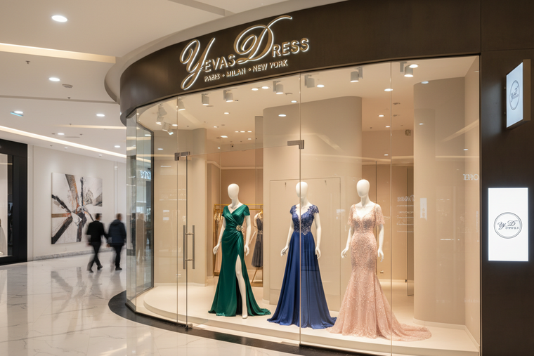 Brand name YEVAS DRESS on clothing on in shopping mall 